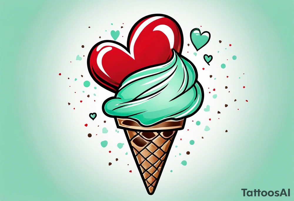simple mint chocolate chip ice cream cone with small red heart on it somewhere. tattoo idea