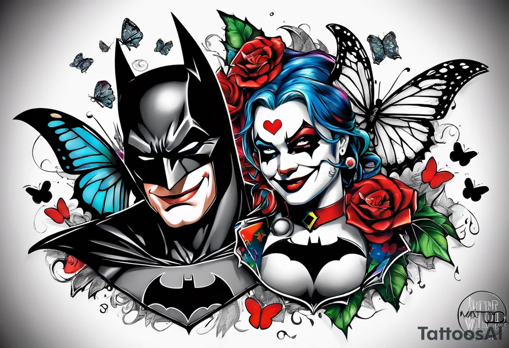 Small Batman and joker with Harley Quinn tattoo with butterflies and lots of color tattoo idea