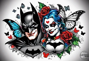 Small Batman and joker with Harley Quinn tattoo with butterflies and lots of color tattoo idea