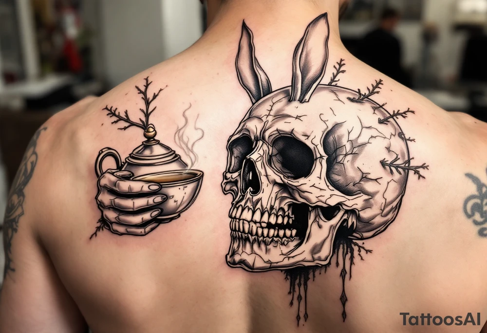 The mad hatter pouring a cup of 
tea into the white rabbits open skull tattoo idea