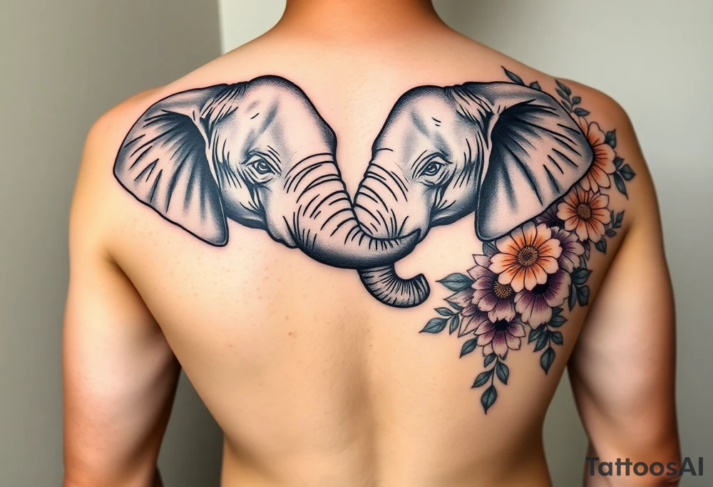couple of elphants, a mother and a child
 facing foward tangling their trunks
sorrounded by a golden  art frame with beautiful design, but only in the left half, in the right instead of a frma blows a blast of colors with variants of coloured flowers tattoo idea