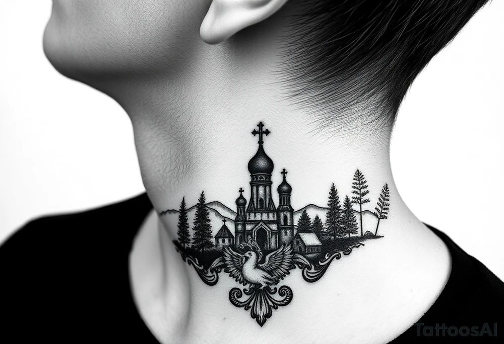 Traditional authentic Russian coat of arms with a Christian orthodox virgin marry in the middle and silhouette in a Russian wilderness Christian orthodoxy dome church village setting on the side of my neck tattoo idea