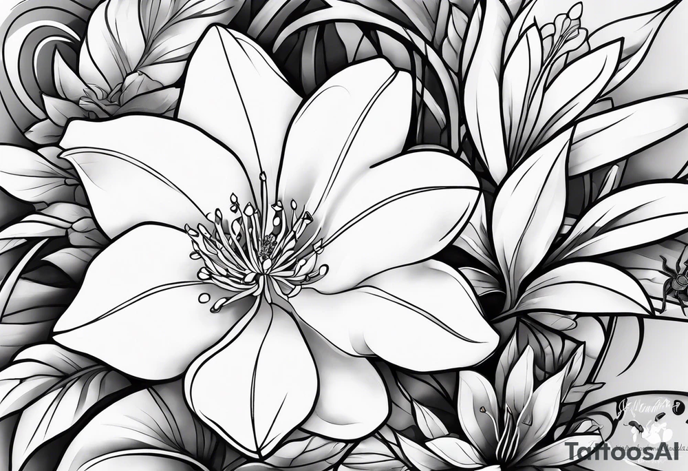 Shoulder and collarbone tattoo of a vibe of night-blooming Jasmine. The tattoo should have a spider tattoo idea