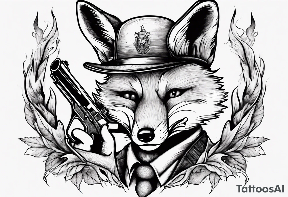 a fox holding a gun and smoking a coggarte tattoo idea
