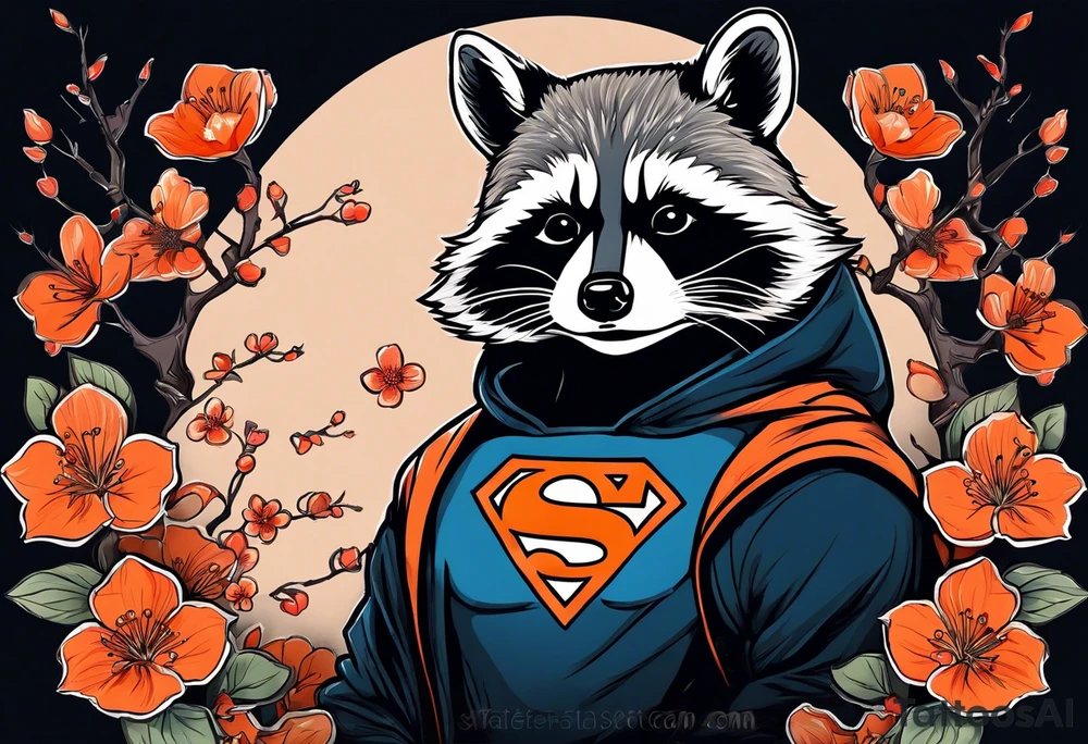 Raccoon wearing a white Superman logo on a black hoodie and orange Japanese cherry blossoms beside tattoo idea