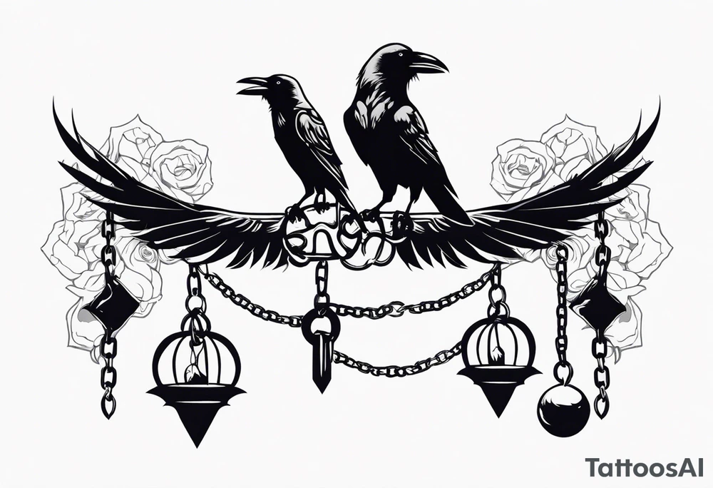 A raven with two skulls hanging from its talons by an old chain tattoo idea