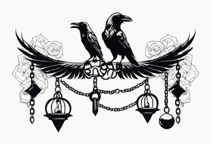 A raven with two skulls hanging from its talons by an old chain tattoo idea