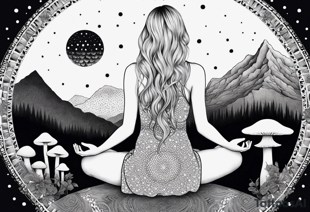 Straight blonde hair girl meditating facing away toward mountains surrounded by mushrooms crescent moon mandala circular design black and white striped dress tattoo idea