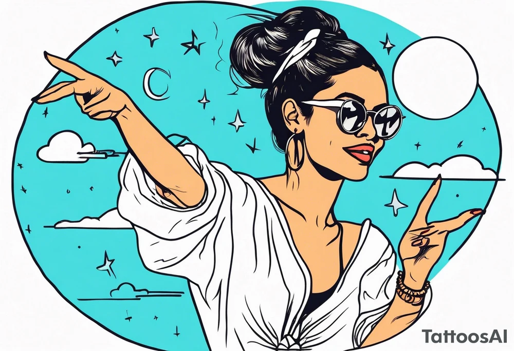 Silly. odd woman ugly dancing pointing her fingers up in the sky tattoo idea