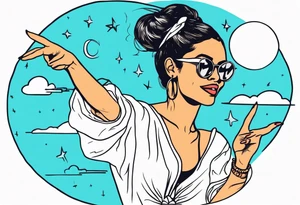 Silly. odd woman ugly dancing pointing her fingers up in the sky tattoo idea