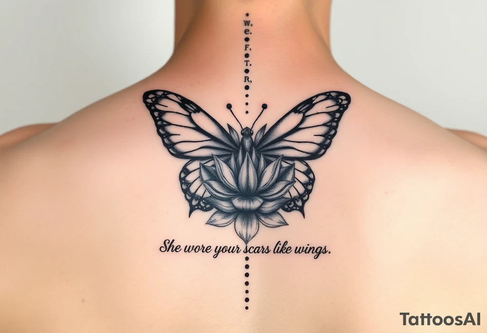 butterfly with cracked wings and lotus flower with quote that says “she wore her scars like wings” all down spine but very elegant tattoo idea