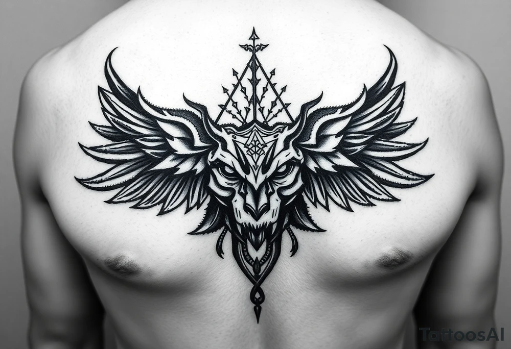 Symetrical upper chest tattoo, dark, animal icelandic symbols, bigest , chest tattoo tattoo idea