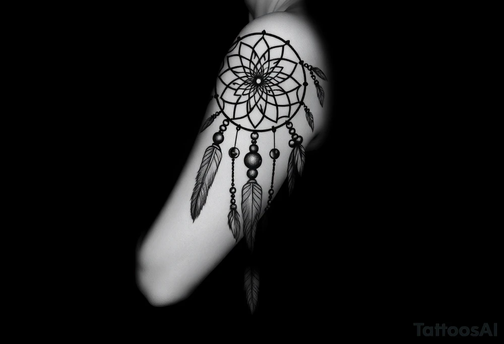 native dreamcatcher with flowing feathers and sacred beads tattoo idea