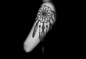 native dreamcatcher with flowing feathers and sacred beads tattoo idea