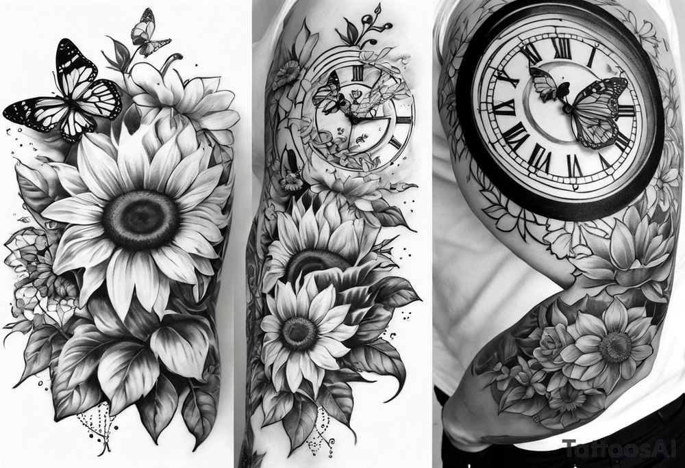 Sleeve with clock, sunflower and butterfly tattoo idea