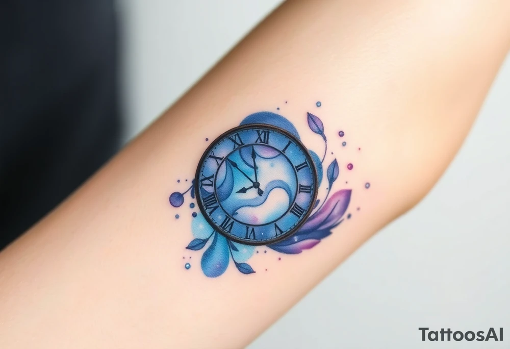 A clock made from swirling galaxies, symbolizing a love that was destined in the stars, in deep blues, purples, and silver tattoo idea