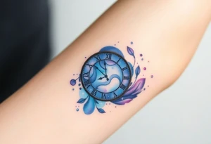 A clock made from swirling galaxies, symbolizing a love that was destined in the stars, in deep blues, purples, and silver tattoo idea