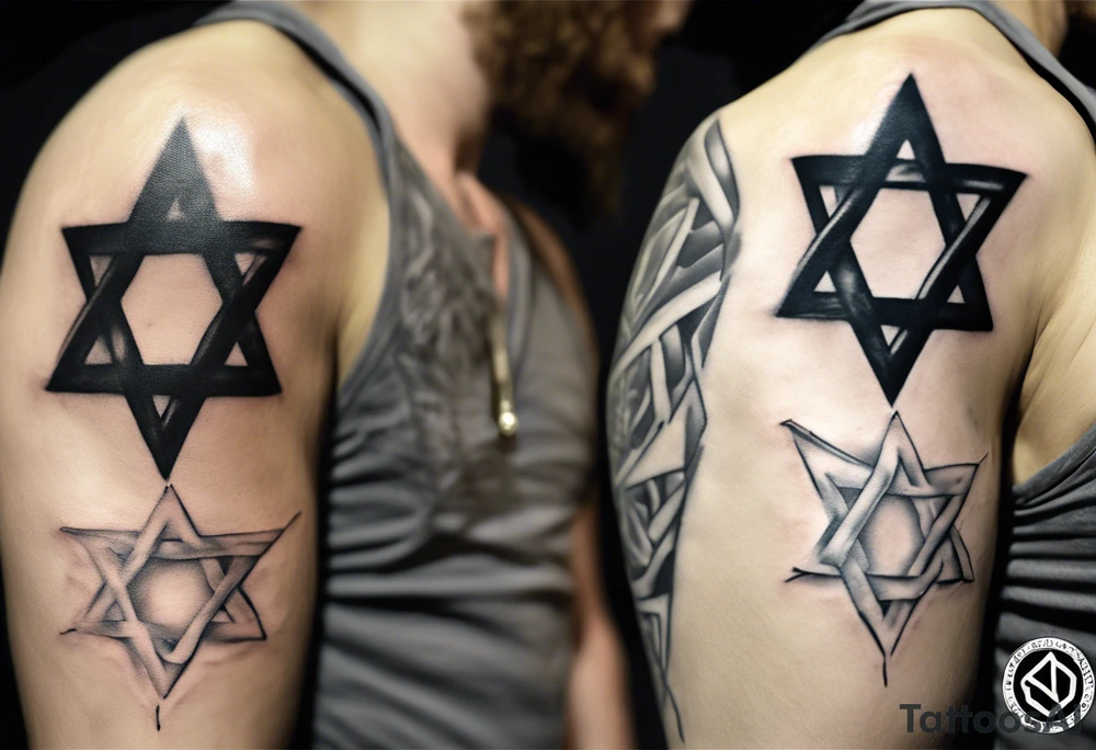 Generate a small 3”x3” tattoo with a rough metal tarnished Star of David using black & grey ultra realism tattoo style that looks as if it was woven into the muscles of the of the left peck. With “Pain is Power. Use it to help heal the world” inscribed on the Start of David like it was chiseled into the steel leaving it looking clean cut and gleaming tattoo idea