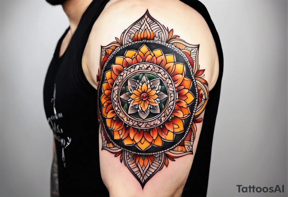 simple male virgo mandala elbow tattoo in fall colors tattoo idea