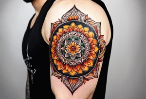 simple male virgo mandala elbow tattoo in fall colors tattoo idea
