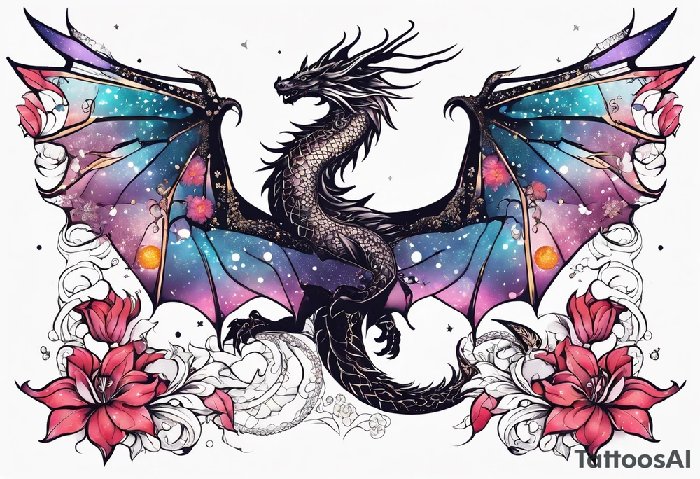 Constellation, wing , snow , cross , dragon female japan kawaii , flower tattoo idea