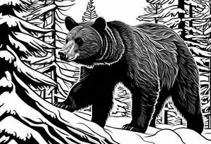 black bear in canadia winter with big trees tattoo idea
