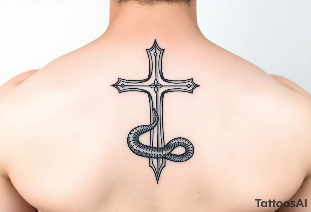 A cross that stabs the snake from the bottom tattoo idea