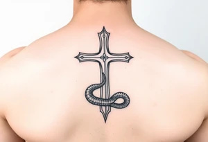 A cross that stabs the snake from the bottom tattoo idea