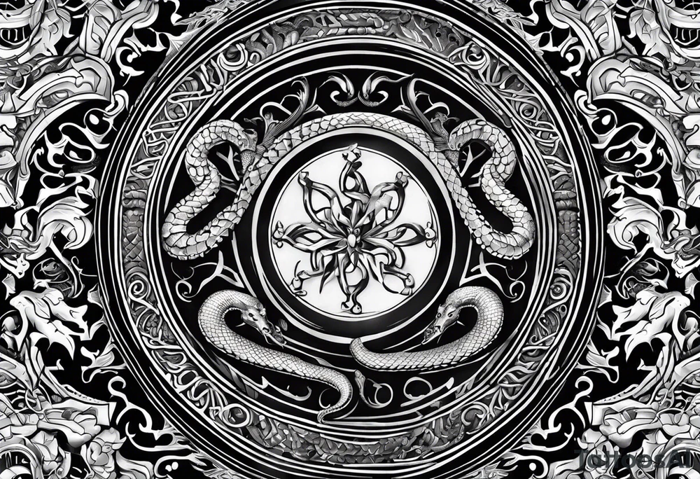 A shield adorned with coiled snakes and scorpions underneath. Bold outlines for the shield and creatures, with detailed patterns. Delicately depict the scales of snakes and the segmented bodies of scorpions. Integrate the creatures harmoniously with the overall design. tattoo idea