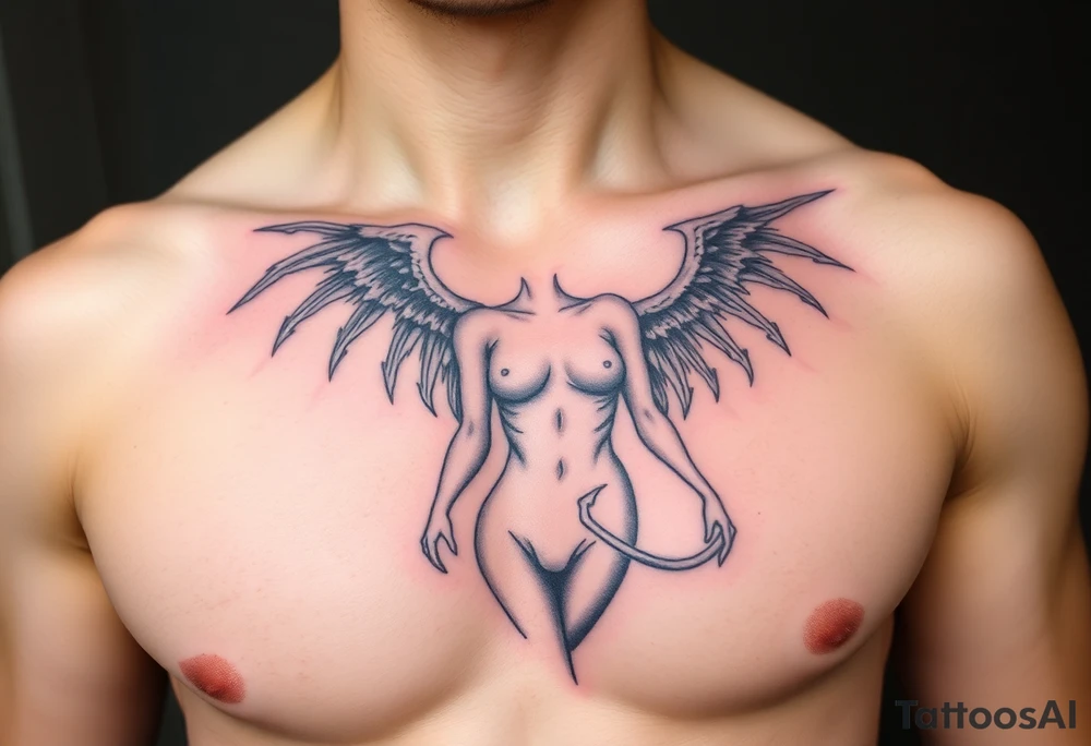 beautiful naked woman Who is half a angel and half demon tattoo idea