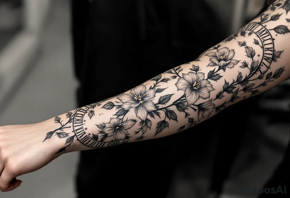 narcissus flowers and holly with 2 bands with roman numerals around them tattoo idea