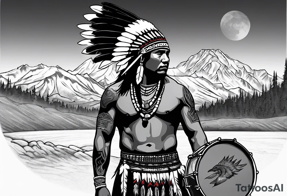 American Indian drummer in front of Mount Denali tattoo idea