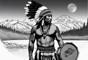 American Indian drummer in front of Mount Denali tattoo idea