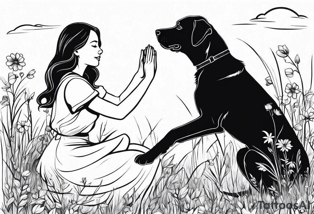 a girl giving high five to her labrador dog on a meadow tattoo idea