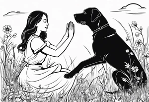 a girl giving high five to her labrador dog on a meadow tattoo idea