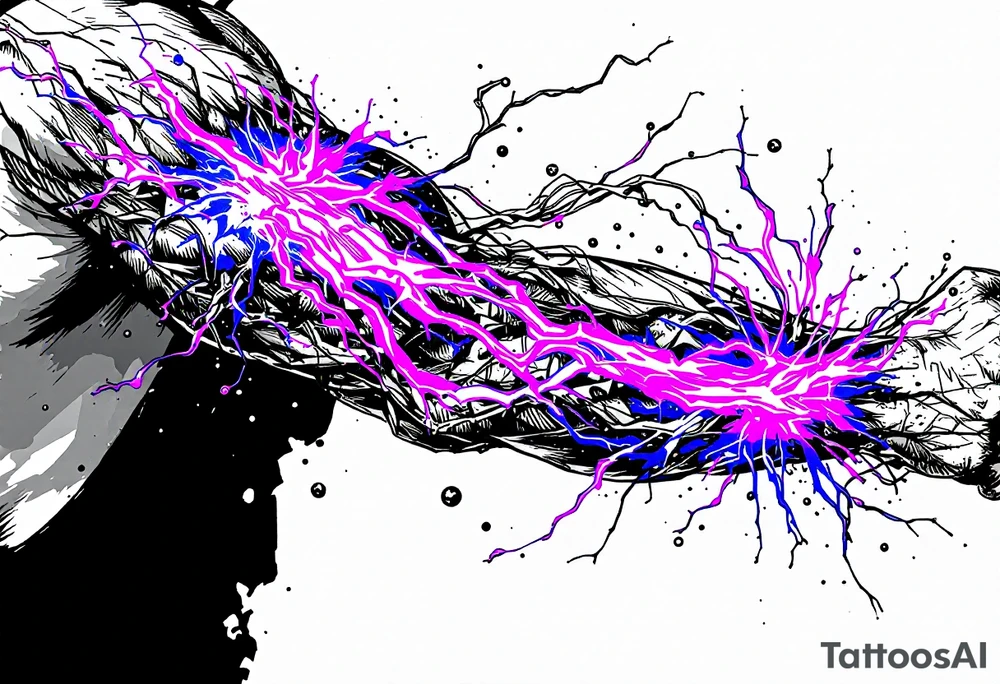 A vibrant design featuring copper tubes and electric violet plasma lines integrated into the skin’s anatomy. tattoo idea