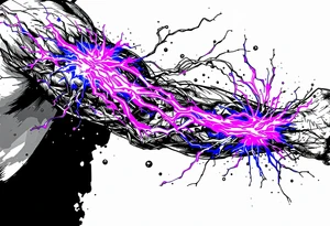 A vibrant design featuring copper tubes and electric violet plasma lines integrated into the skin’s anatomy. tattoo idea