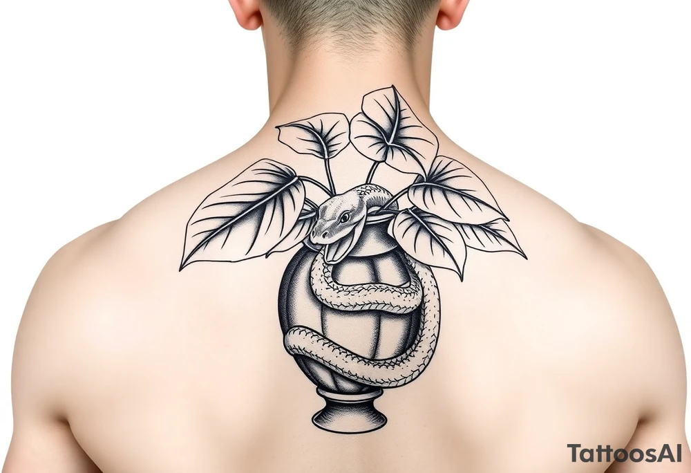 Large Decorative ornamental
 vase with large philodendron leaves with a snake wrapped around showing the head of the snake tattoo idea