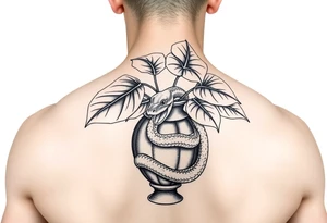 Large Decorative ornamental
 vase with large philodendron leaves with a snake wrapped around showing the head of the snake tattoo idea