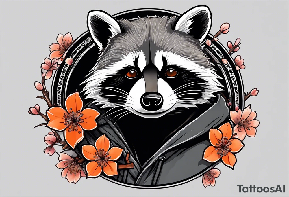 Raccoon wearing a white Superman logo on a black hoodie and orange Japanese cherry blossoms tattoo idea