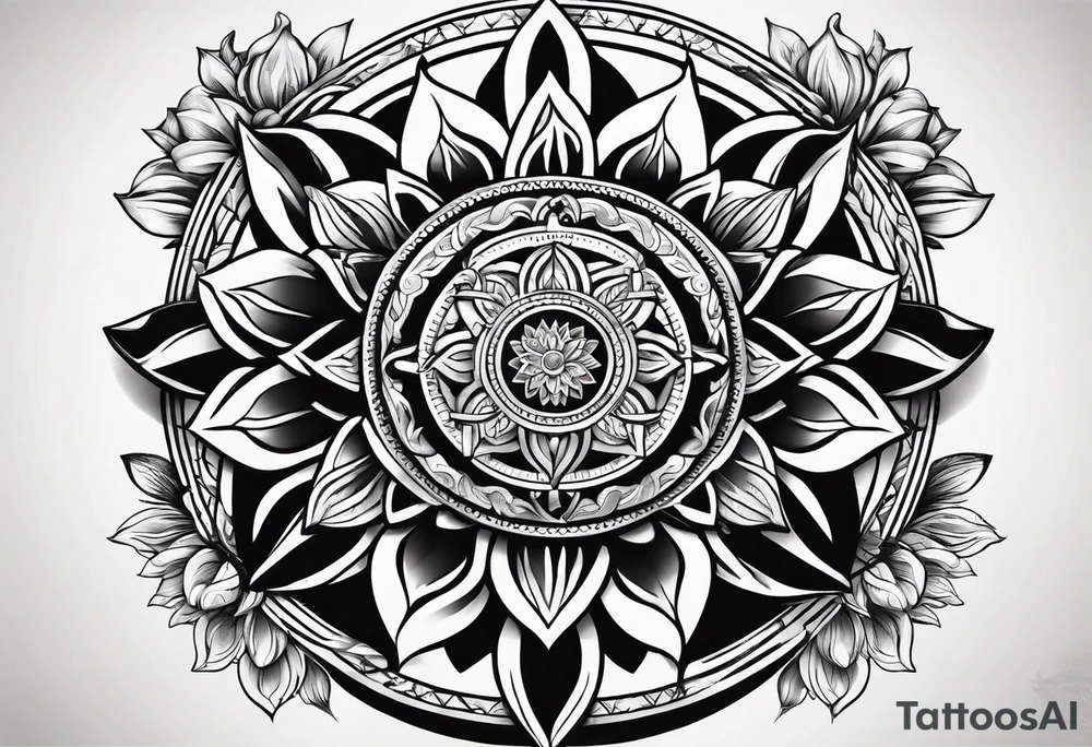 Dharma wheel with dumbbell and a lotus flower intertwined tattoo idea