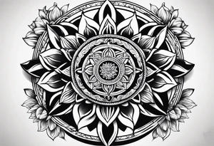 Dharma wheel with dumbbell and a lotus flower intertwined tattoo idea