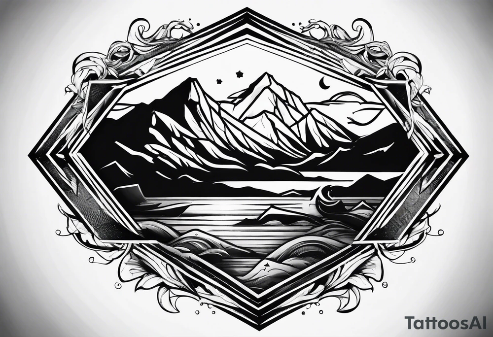 Mountains and ocean waves diamond shape tattoo idea