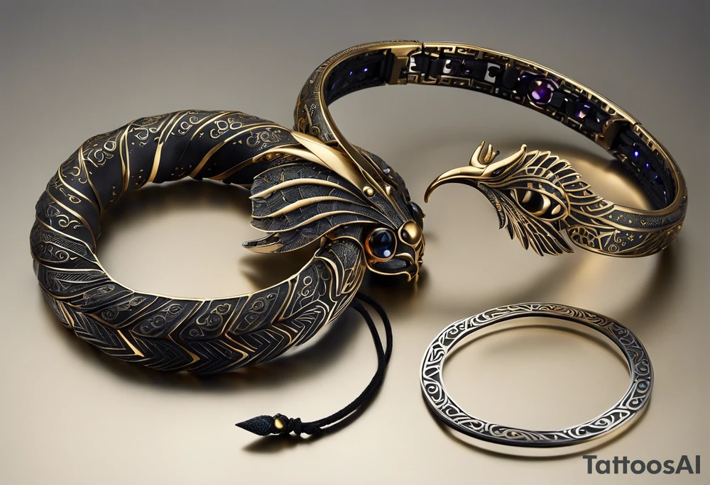 Winged scorpion with mystical details, such as glowing eyes and a tail that spirals, ending in a luminous stinger. Its body would have intricate patterns inspired by the Scorpio constellation, with a subtle glow that suggests power and mystery.

The creature could be accompanied by black-tinted bracelets encircling the arm. These bracelets could be designed with geometric lines or ancient symbols, creating a visual harmony between the creature and the bracelets, representing protection and connection with cosmic forces. The tattoo as a whole would evoke strength, mystery, and the intense essence of Scorpio. tattoo idea
