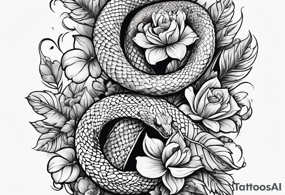 small snake with flowers and vines extending up and down tattoo idea