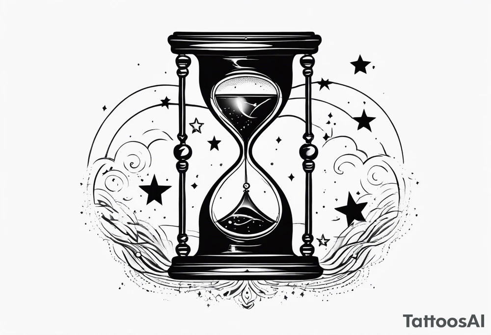 I want a tattoo-inspired design for a t-shirt that features a bold and detailed hourglass with galaxy tattoo idea