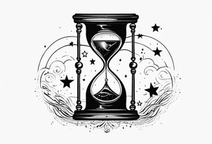 I want a tattoo-inspired design for a t-shirt that features a bold and detailed hourglass with galaxy tattoo idea