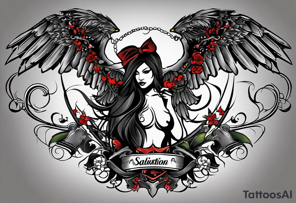 My tattoo idea is a female well endowed angle holding two items in her hand which is a glock in the right an a joint in the left behind her is gremlins with blades an sickles surrounding her an under all of that the word salvation is earned with blooding dripping from the words tattoo idea