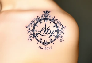 An analog clock, with intricate patterns forming around the child’s name "Lily" and date "18. 05. 2017", in black and gold for a timeless look tattoo idea