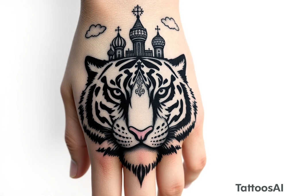 Realistic relic style tiger face on the back of the hand with strong contrast and fine detail with its eyes completely black. with a highly detailed Russian Orthodox cathedral sitting above on fore arm with onion domes and orthodox crosses, done in fine line, engraving-like style. Cohesive composition, black ink only, no color, high contrast, slightly aged, documentary-style, plain light background. with clouds above and a virgin mary 
spanning from my hand to lower fore arm tattoo idea